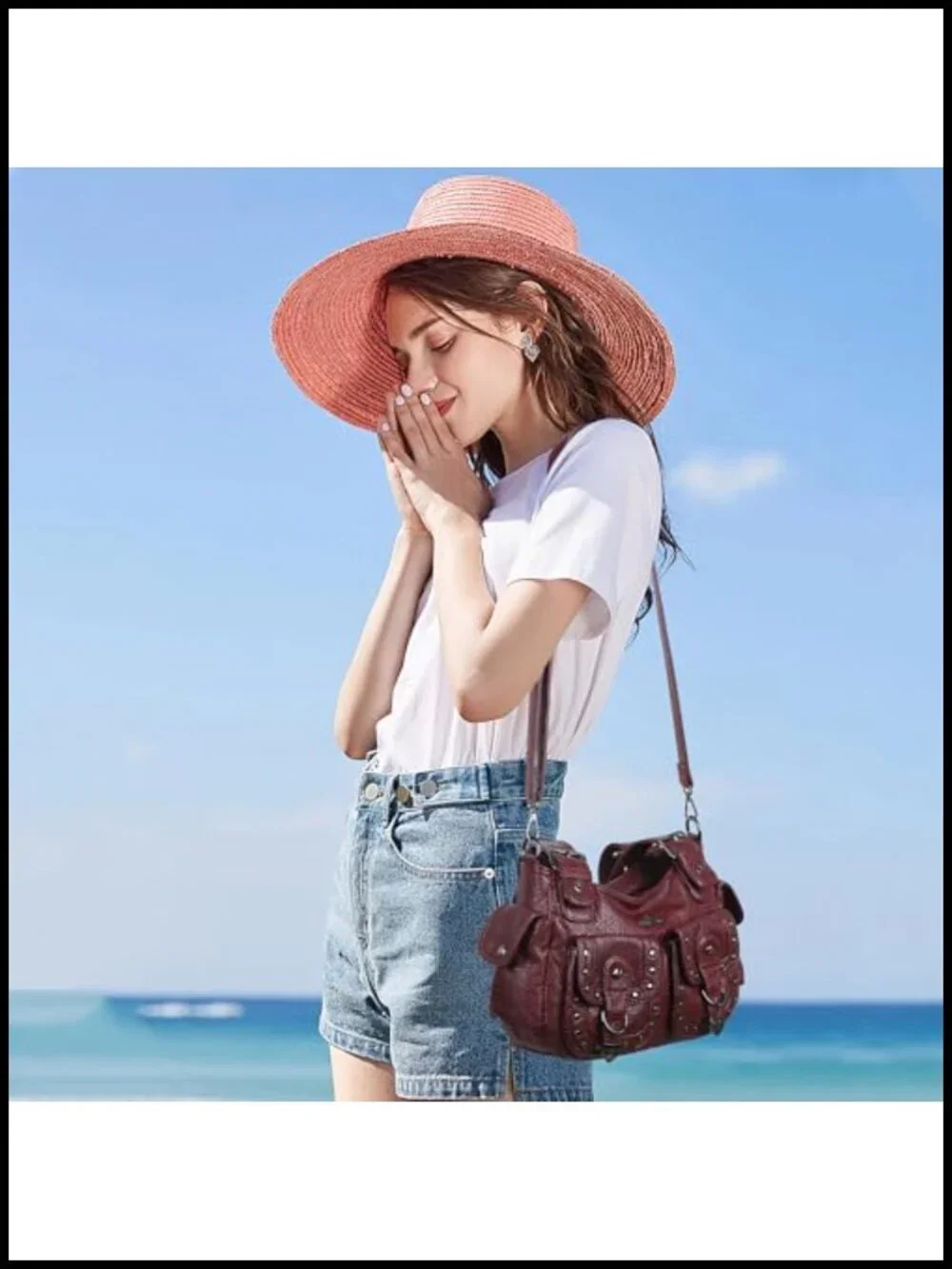 Vegan Leather Hobo Bag Multi Pocket Studded Shoulder Tote